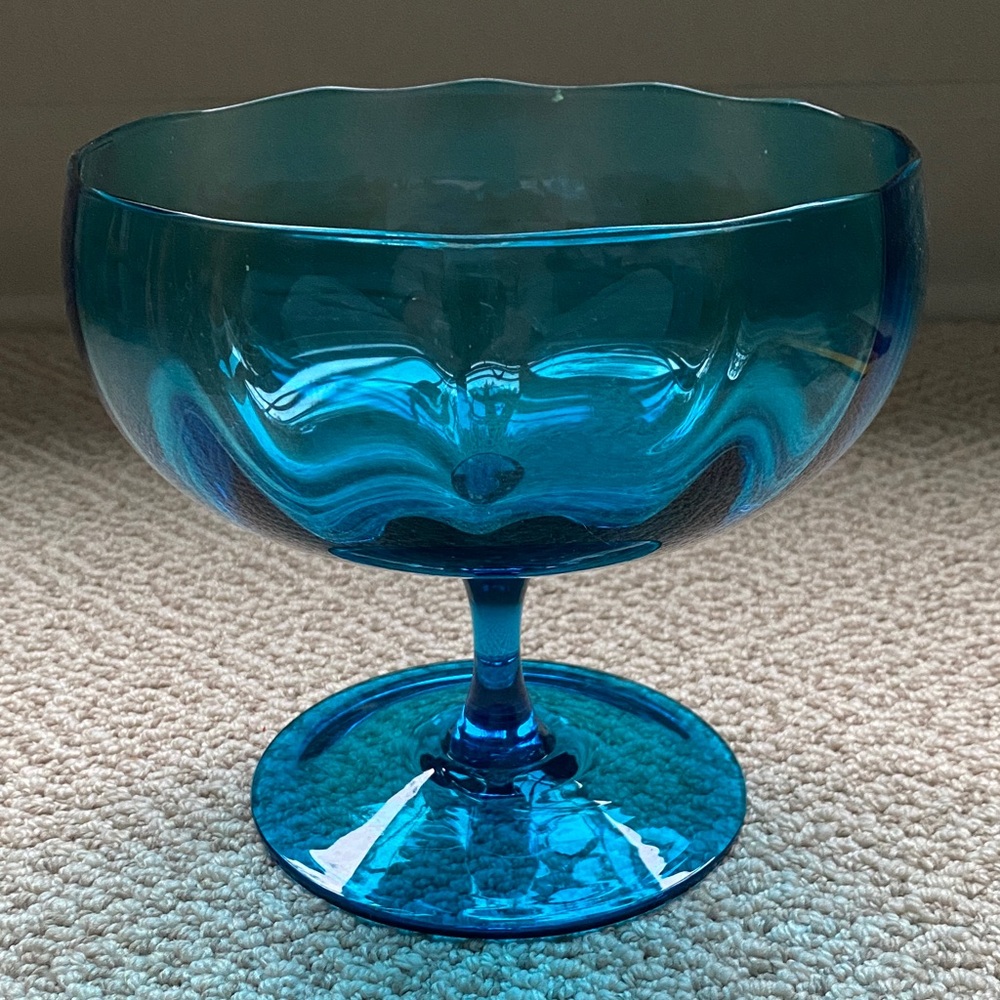 Vintage Empoli Aqua Blue Glass Pedestal Bowl - Decorative Home Art